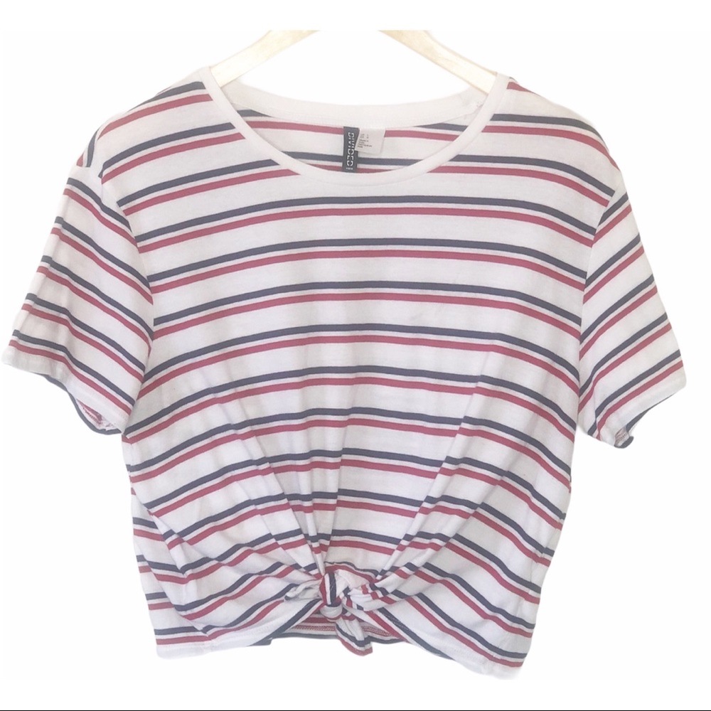 Divided White Striped Front Tie Teeshirt
